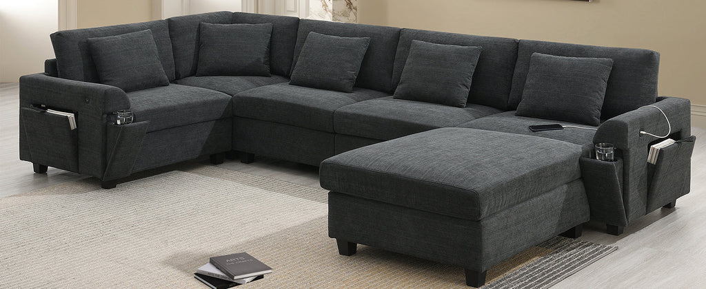 Chenille U Shaped Sectional Sofa with Ottoman and Storage, USB Ports, 2 Colors