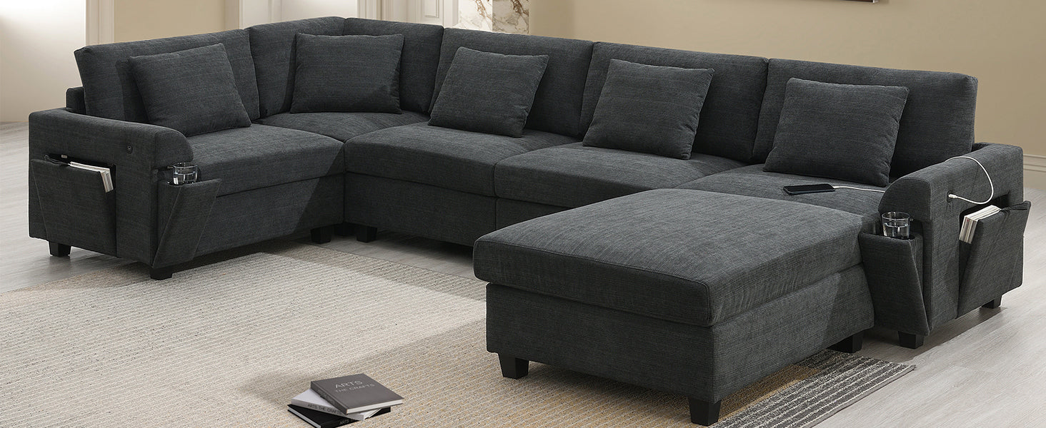 Chenille U Shaped Sectional Sofa with Ottoman and Storage, USB Ports, 2 Colors