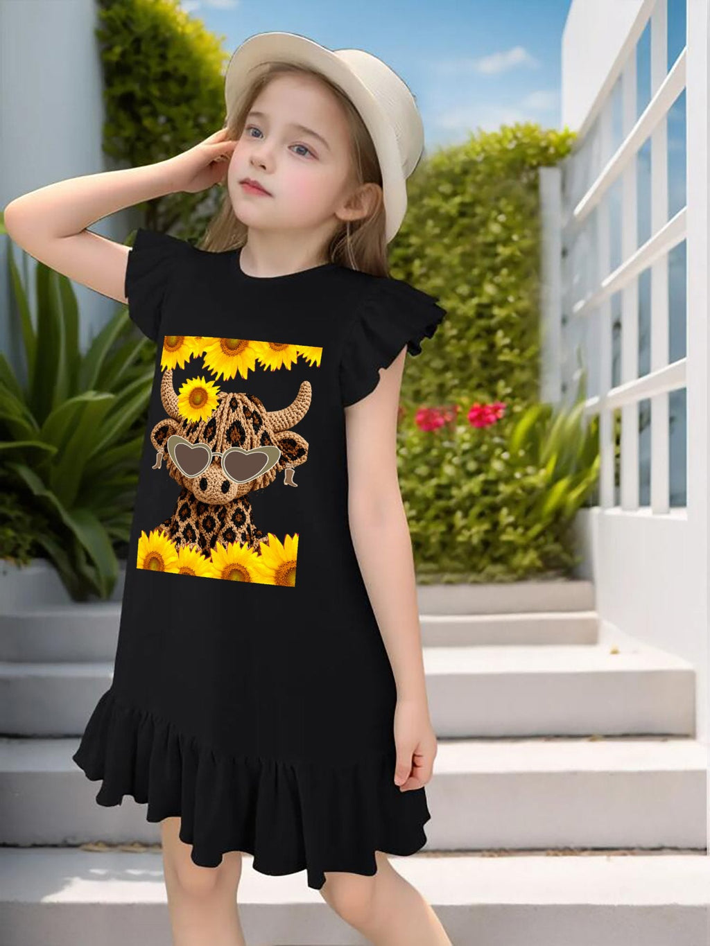 Yarn Highland Cow with Sunflowers Flutter Sleeve Dress for Girls