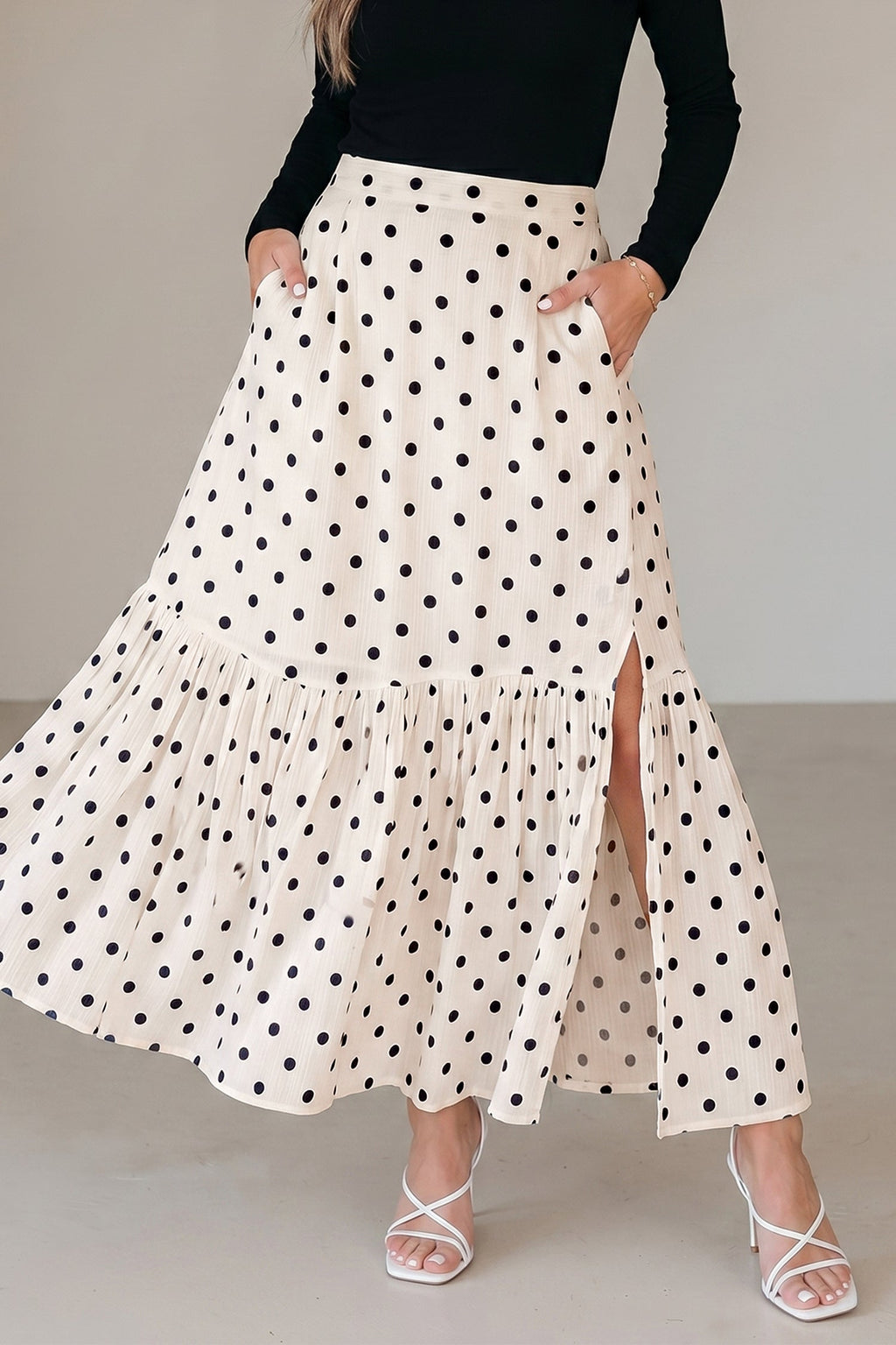 Polka Dot Ruffle Side Slit Maxi Skirt