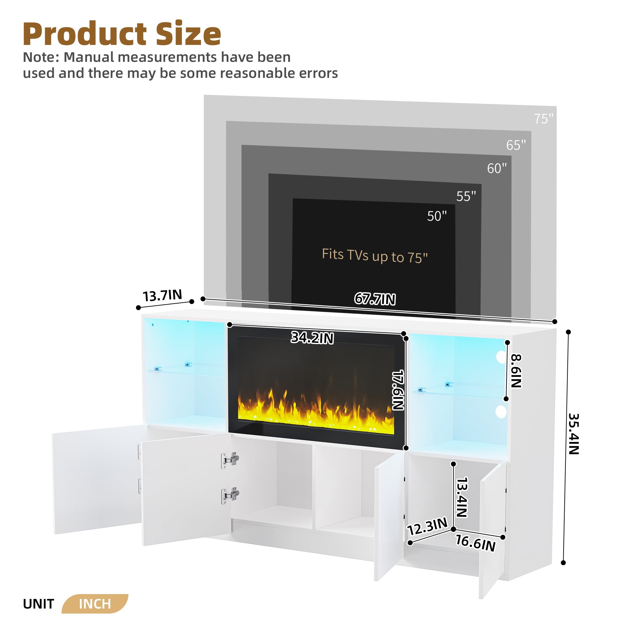 ON-TREND High Gloss TV Stand with 34.2' Non-heating Electric Fireplace, Modern Entertainment Center with LED Light, Media Console with Tempered Glass Shelves for TVs up to 75', Living Room, White