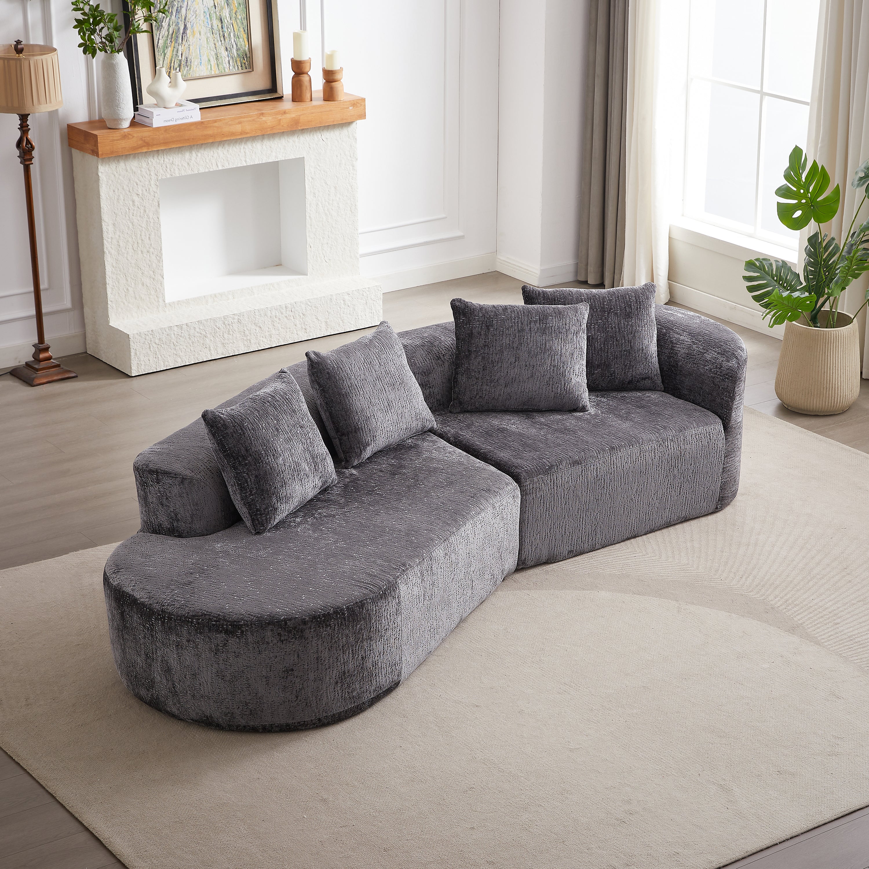 Modern Upholstered Oversized Sectional Sofa, 114-Inch Chenille 4-Seater Extra Deep & Wide Seat Curved Cloud Couch with 4 Throw Pillows, Free Combination Sofa Couch for Living Room,Bedroom