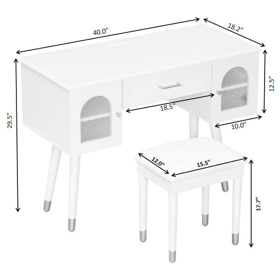 Elegant Vanity Makeup Table & Chair Set, Modern Dressing Table with Organizer, Writing Desk, Charging Port, Black