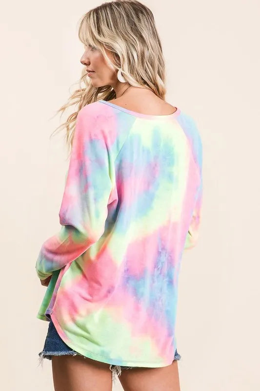 BiBi Long Sleeve Tie Dye Terry T Shirt Relaxed Comfort