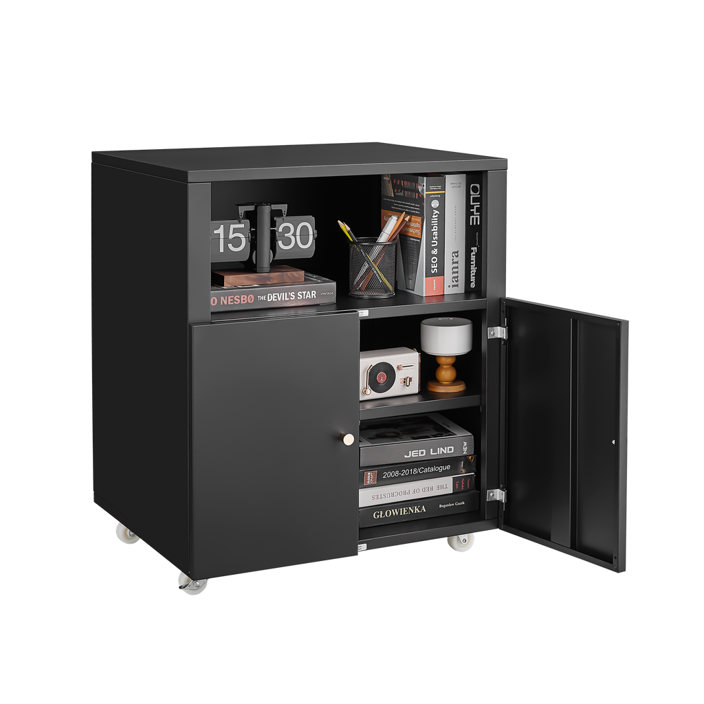 Home Office Printer Stand with Wheels, Printer Tables with File door  Mobile Lateral Filing Cabinet with Open Storage Shelf for Letter/Legal/A4 Size Files,