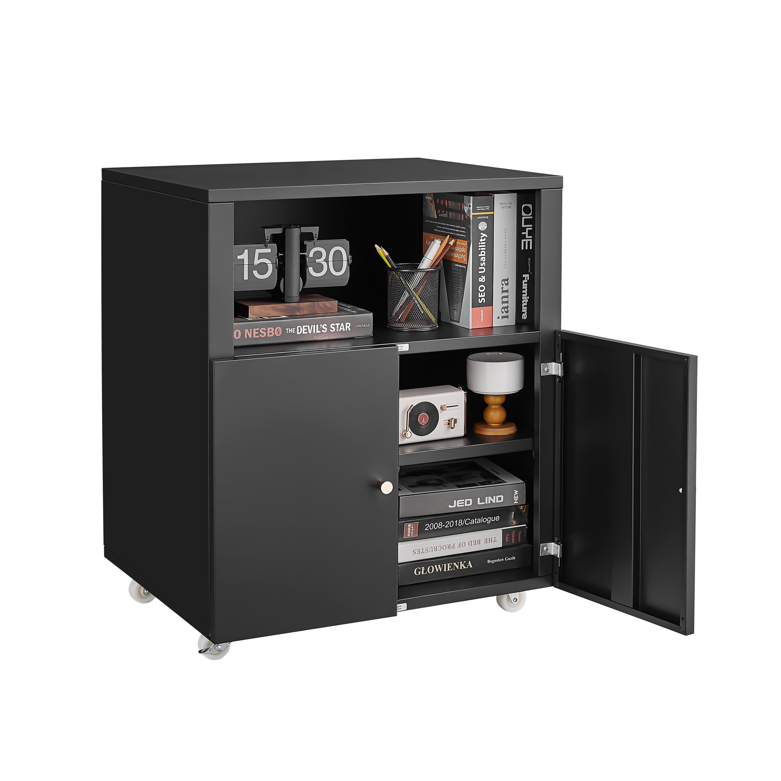 Home Office Printer Stand with Wheels, Printer Tables with File door  Mobile Lateral Filing Cabinet with Open Storage Shelf for Letter/Legal/A4 Size Files,