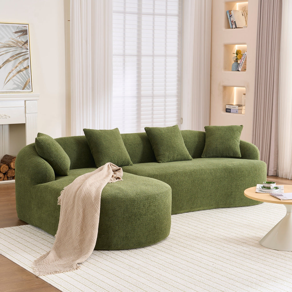 Compression Sponge L-Shape Sectional Sofa with Curved Chaise, Green Modular Chenille Couch No Assembly Required, 30D High-Density for Living Room Bedroom Apartment Lounge.