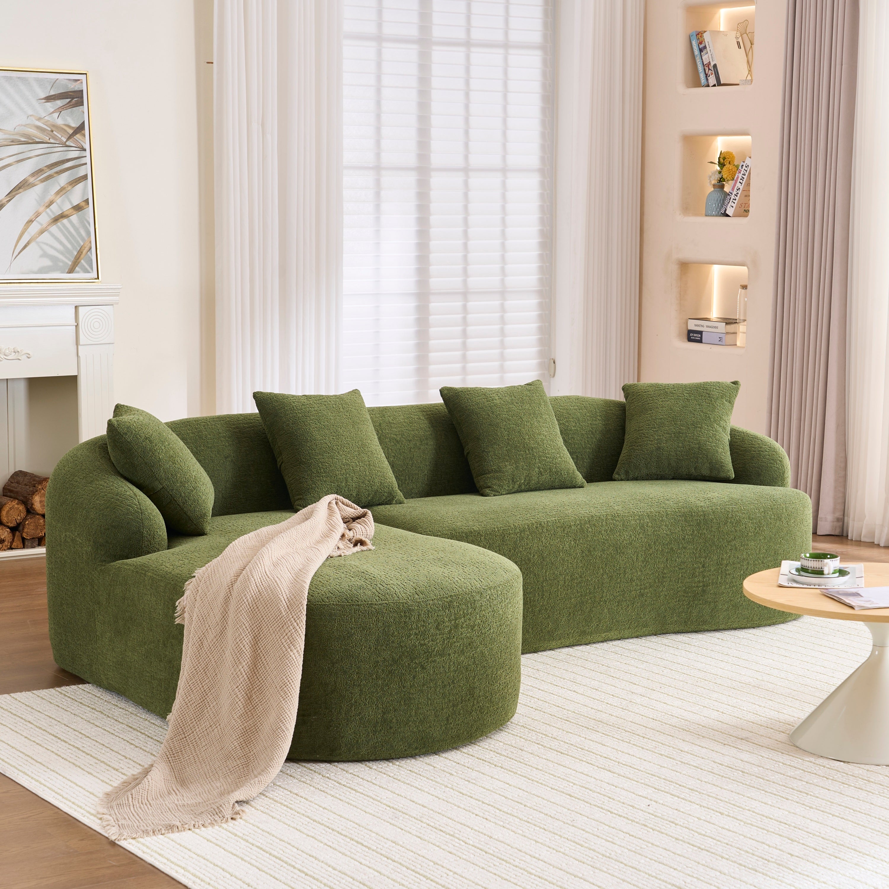 Compression Sponge L-Shape Sectional Sofa with Curved Chaise, Green Modular Chenille Couch No Assembly Required, 30D High-Density for Living Room Bedroom Apartment Lounge.