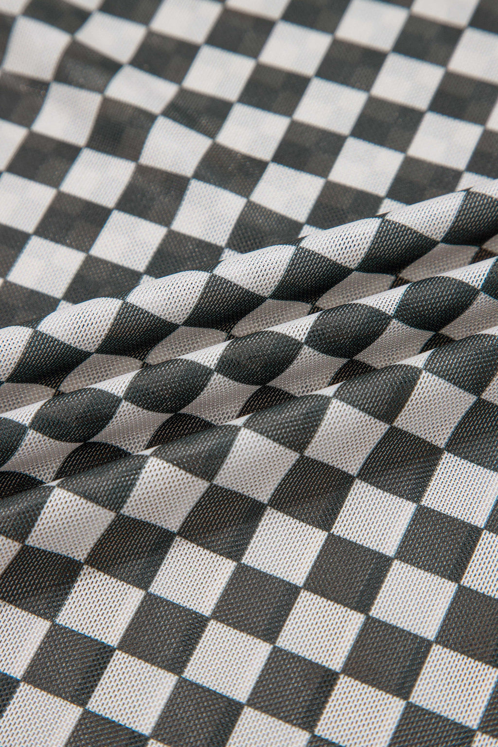 Checker Stand Neck Long Sleeve Mesh Top