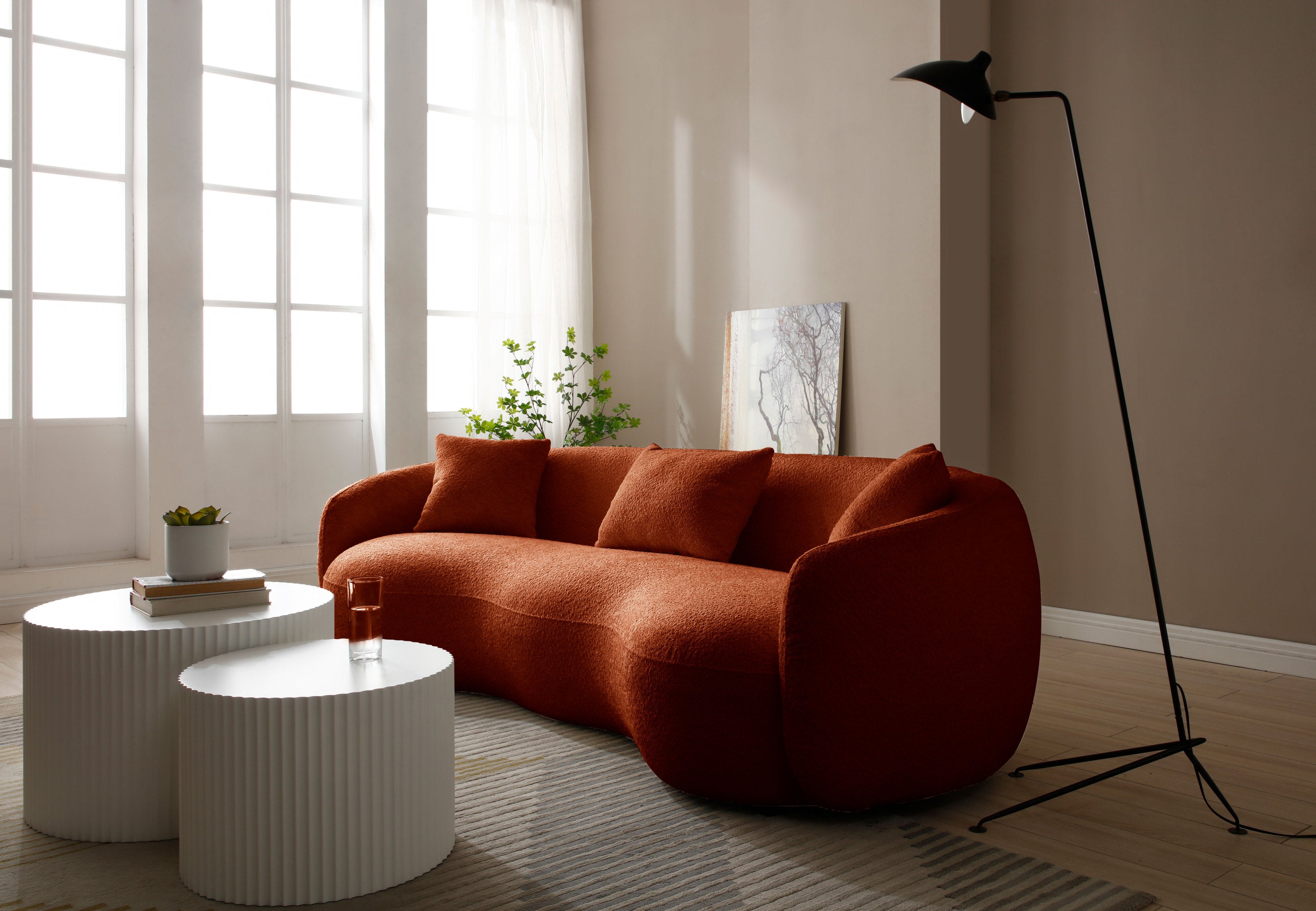 Mid Century Modern Curved Sofa,  Boucle Fabric Couch for Bedroom, Office, Apartment, Orange