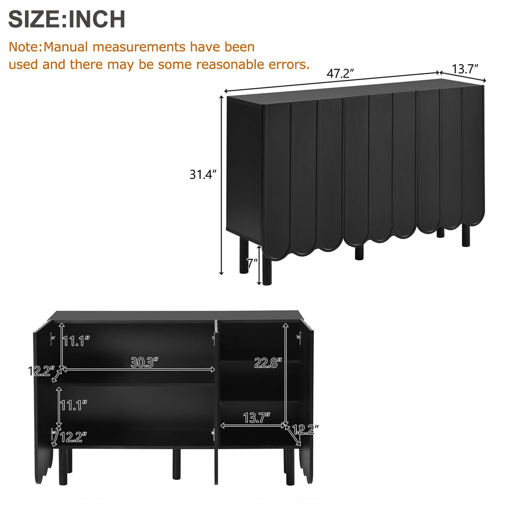 ON-TREND Cream Style Minimalist Shoe Cabinet with 5 Solid Wood Legs, Sideboard Buffet Cabinet with Adjustable Shelves, Large Storage Cabinet with Wave Doors for Living Room, Black