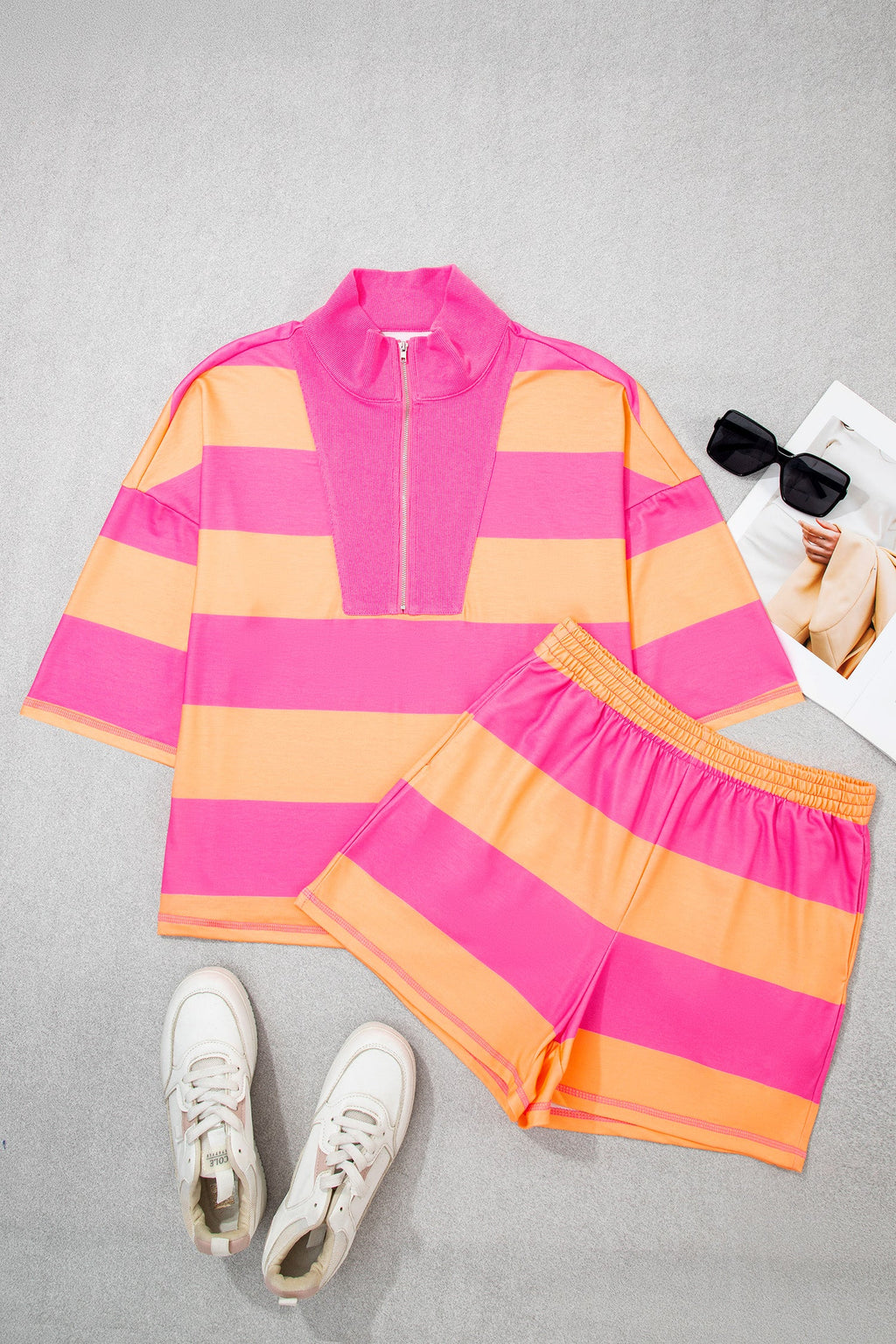 Stripe Half Zip Tee & Elastic Shorts Set
