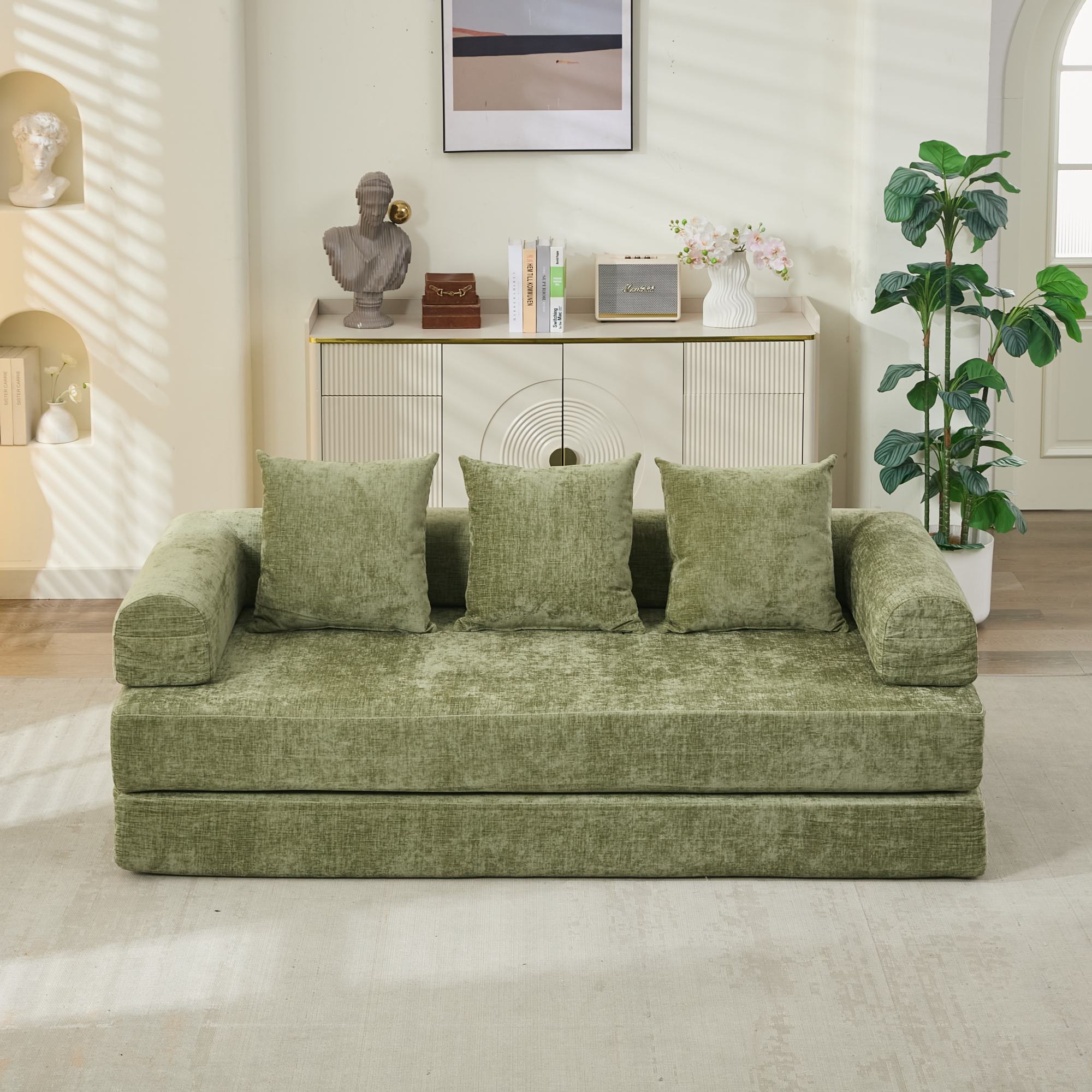 Comfy Convertible Folding Mattress Couch, Floor Sofa Bed, Chenille Floor Sofa with Armrest, Floor Sofa Lounge Couch for Living Room Bedroom Lounge Studio-Green