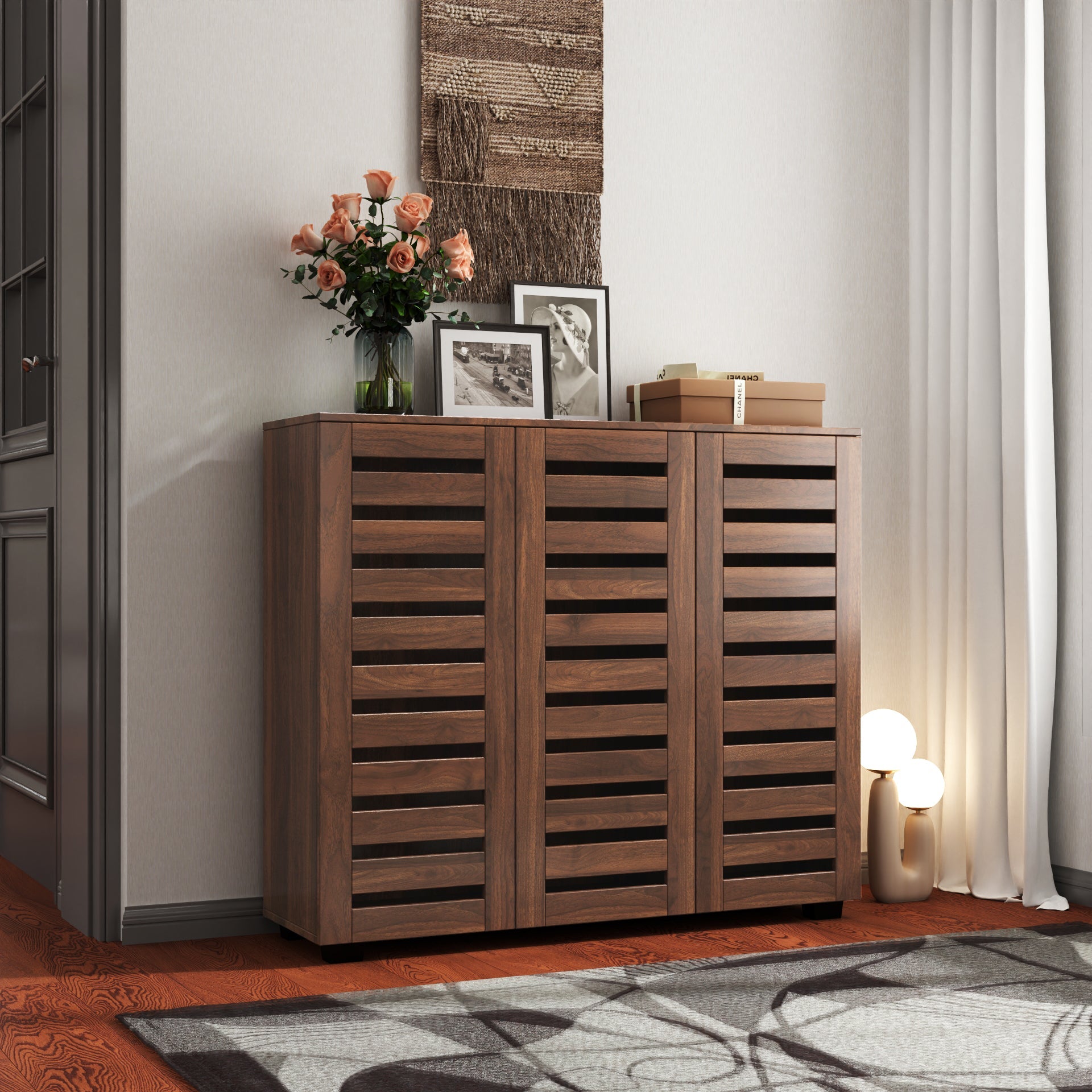 Shoe Cabinet, 5-Tier Shoe Storage Cabinet with Adjustable Shelves, Wooden Shoe Rack Organizer with Louvered Doors for Entryway, Hallway, Bedroom, Closet, Living Room