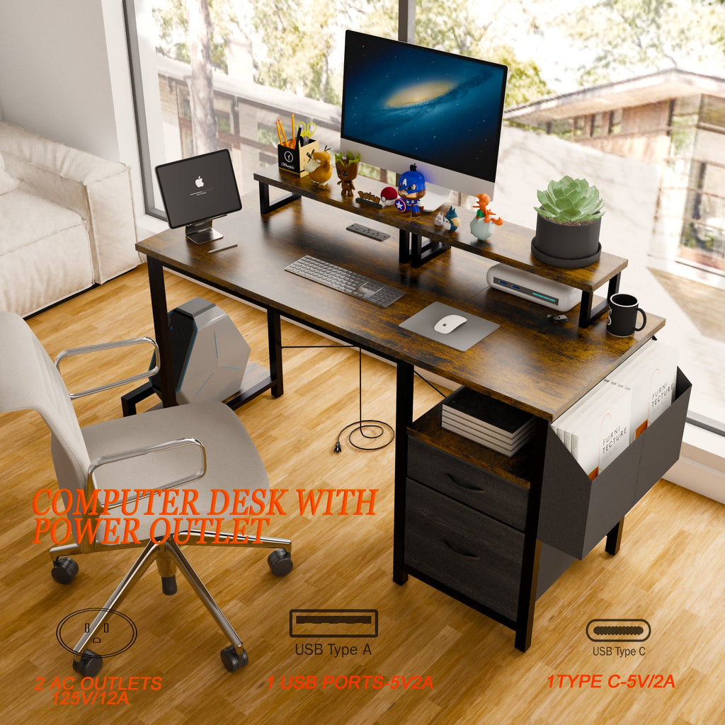 Computer Desk with Drawer and Power Outlets, 47' Office Desk with 2 Monitor Stands and Fabric File Cabinet, Writing Gaming Table with Shelves and Hooks for Home Office, Rustic Brown