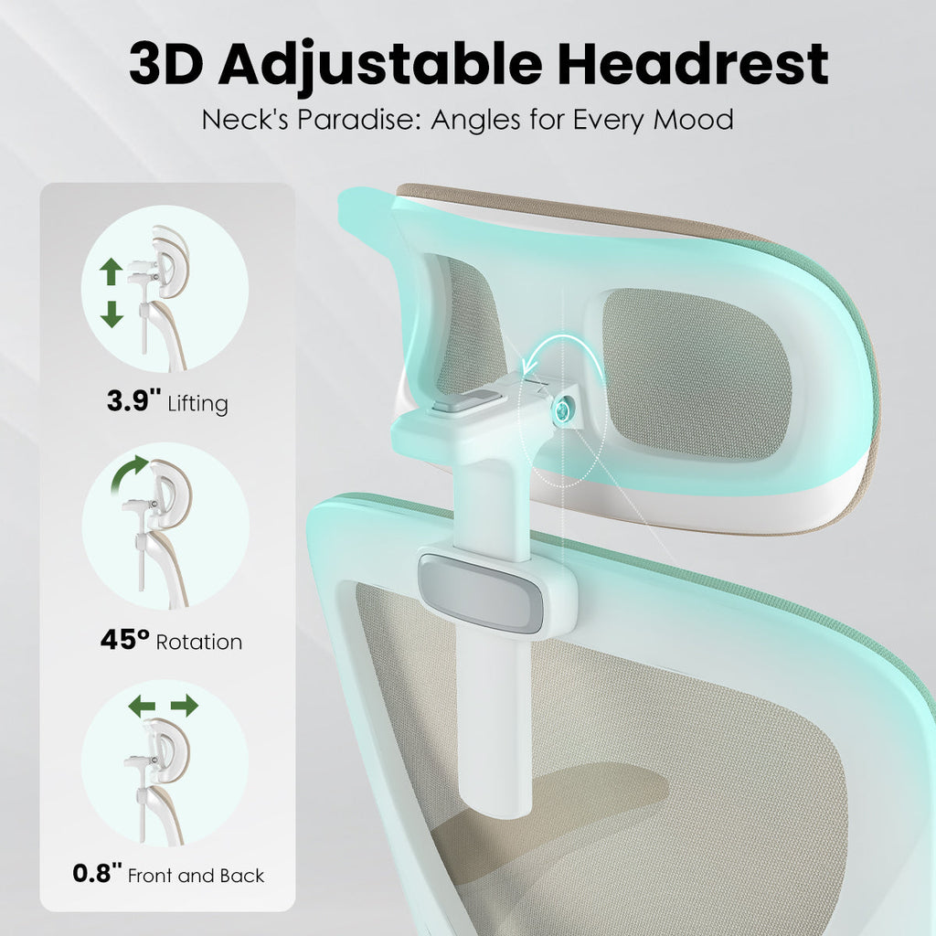 Ergonomic Office Chair, Home Office Desk Chair with Headrest, High Back Computer Chair with Armrests and Adjustable Lumbar Support for Home Office Study Room, White & Khaki