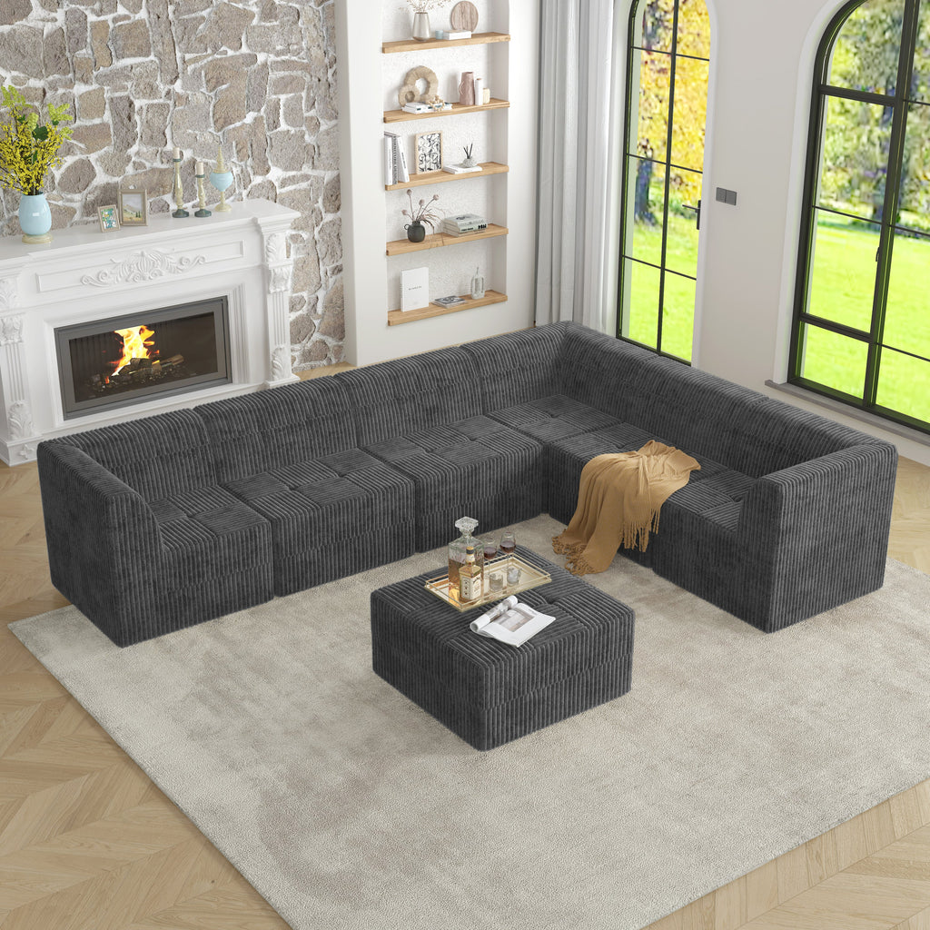 L shape Modular Sectional Sofa,DIY Compressed Sectional Sofa Modern Minimalist Style Corduroy Couch, Sleeper Sofa for Living Room, Bedroom, Comfy Compressed Sofa Couch Space-Efficient Design-GREY