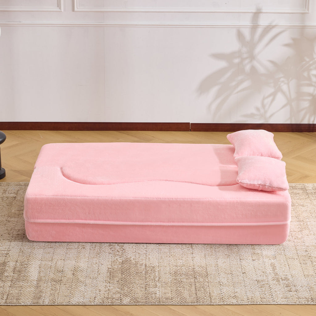 71-inch folding sofa bed, chenille futon sofa bed, high-density foam convertible sofa bed, folding floor sofa bed for living room, guest room, bedroom, pink
