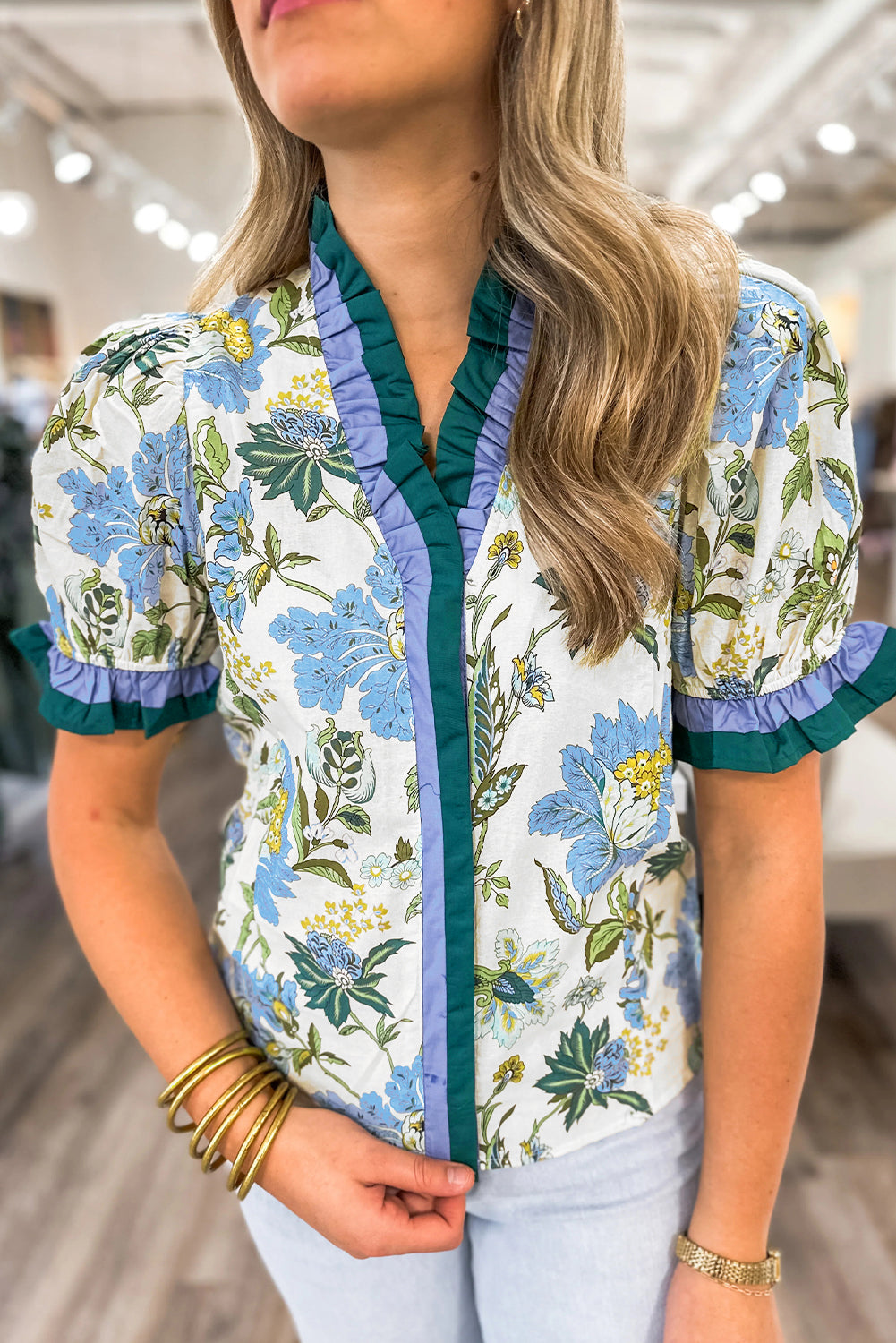 Floral Contrast Frill Stripe Trim Blouse