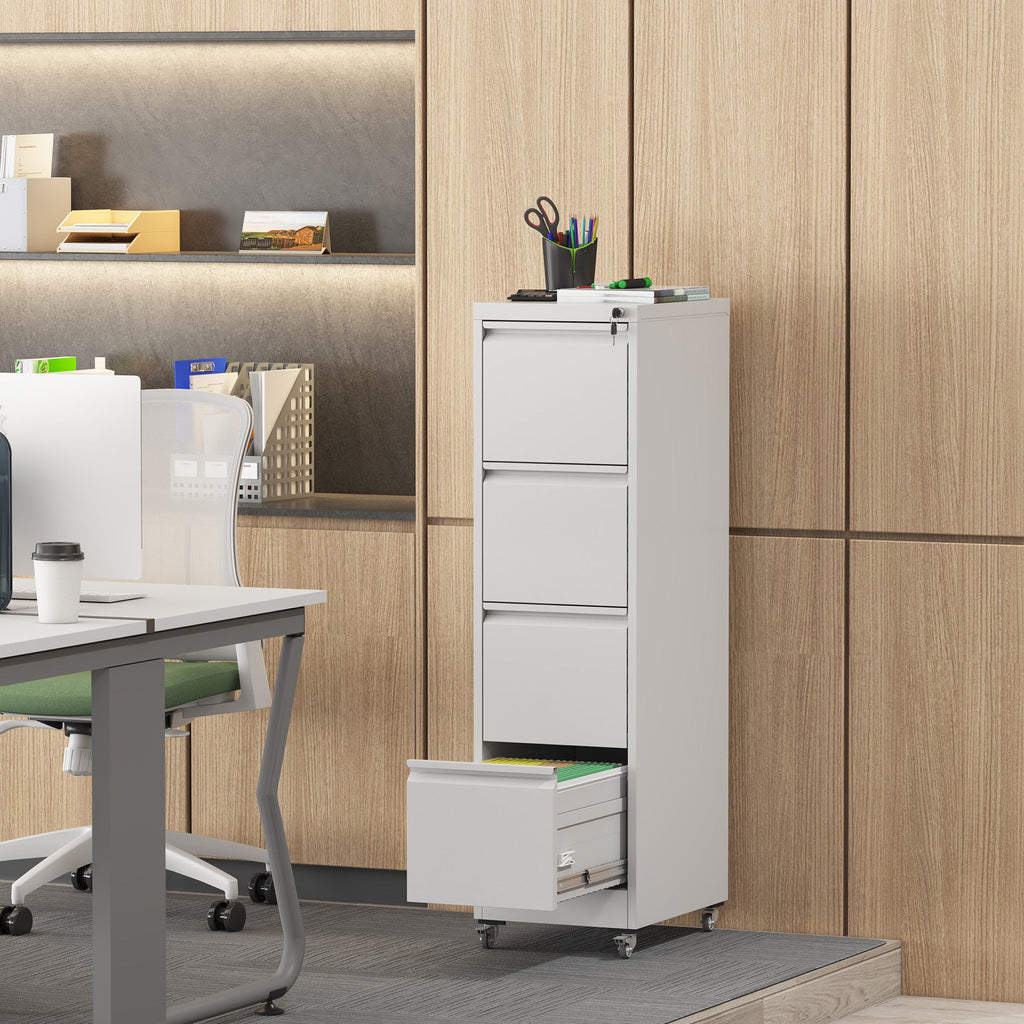 4 Drawer Metal Locking Vertical File Cabinet with Wheels - Heavy-Duty Lockable Storage for Home & Office, Black and White, 17.71'D x 15.16'W x 52.28'H