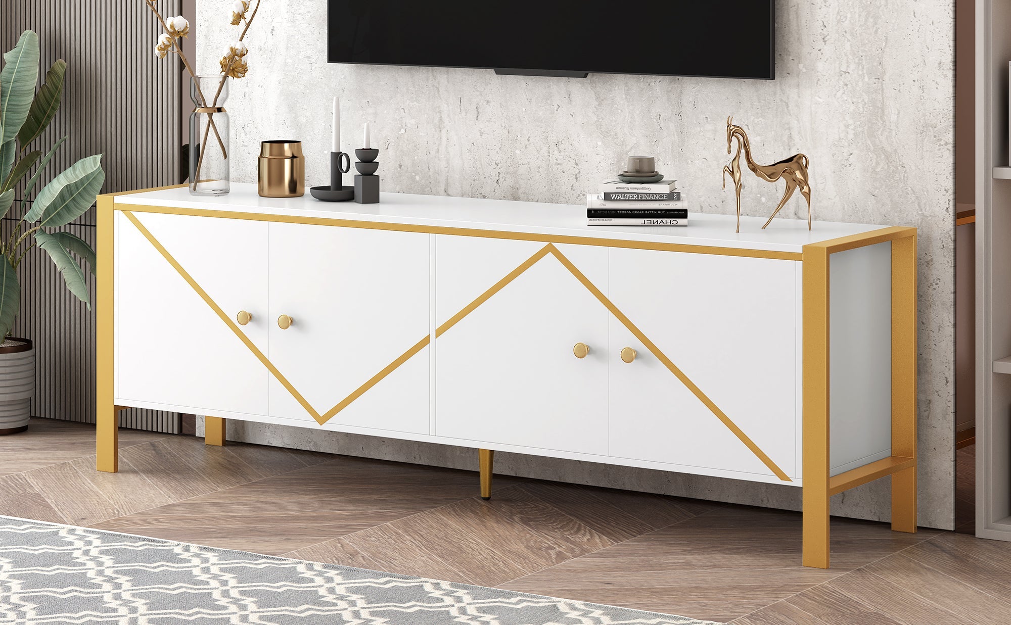 U-Can 70.9''Modern Minimalist TV Stand for TVs up to 75 Inches, Entertainment Center Media Console Cabinet with 2 Spacious Cabinets for Living room