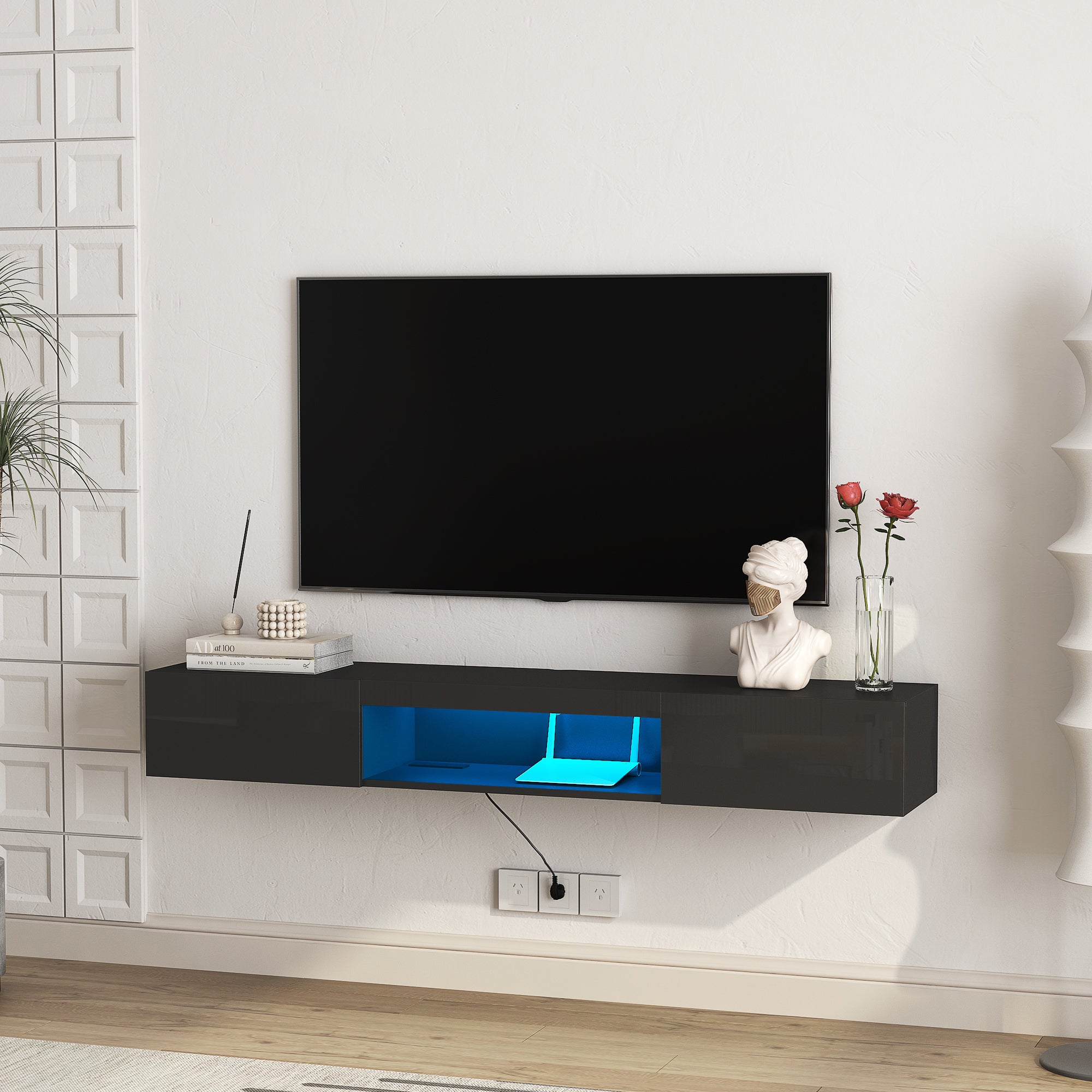 Floating TV Stand Wall Mounted with 16 Color LEDs,63' Modern TV Stand, Floating TV Cabinet Entertainment Center for 55 60 65 Inch TV,Black