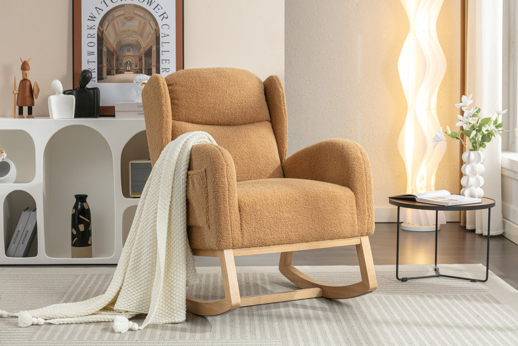 049-Teddy Fabric Rocking Chair With Packet Wood Legs,Khaki
