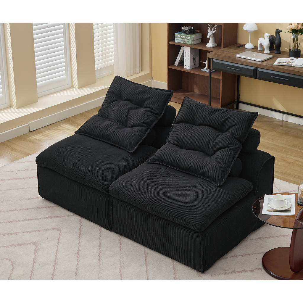 [NEW ARRIVED] [VIDEO PROVIDED]Modular Sofa,No Armrests,At will DIY,Soft Corduroy Fabric,Neck Pillow-Back Lounge Sofa Chair,Reading Nook, or Apartment Living, Lumbar Pillow,2 Seats,Upholstered,Black