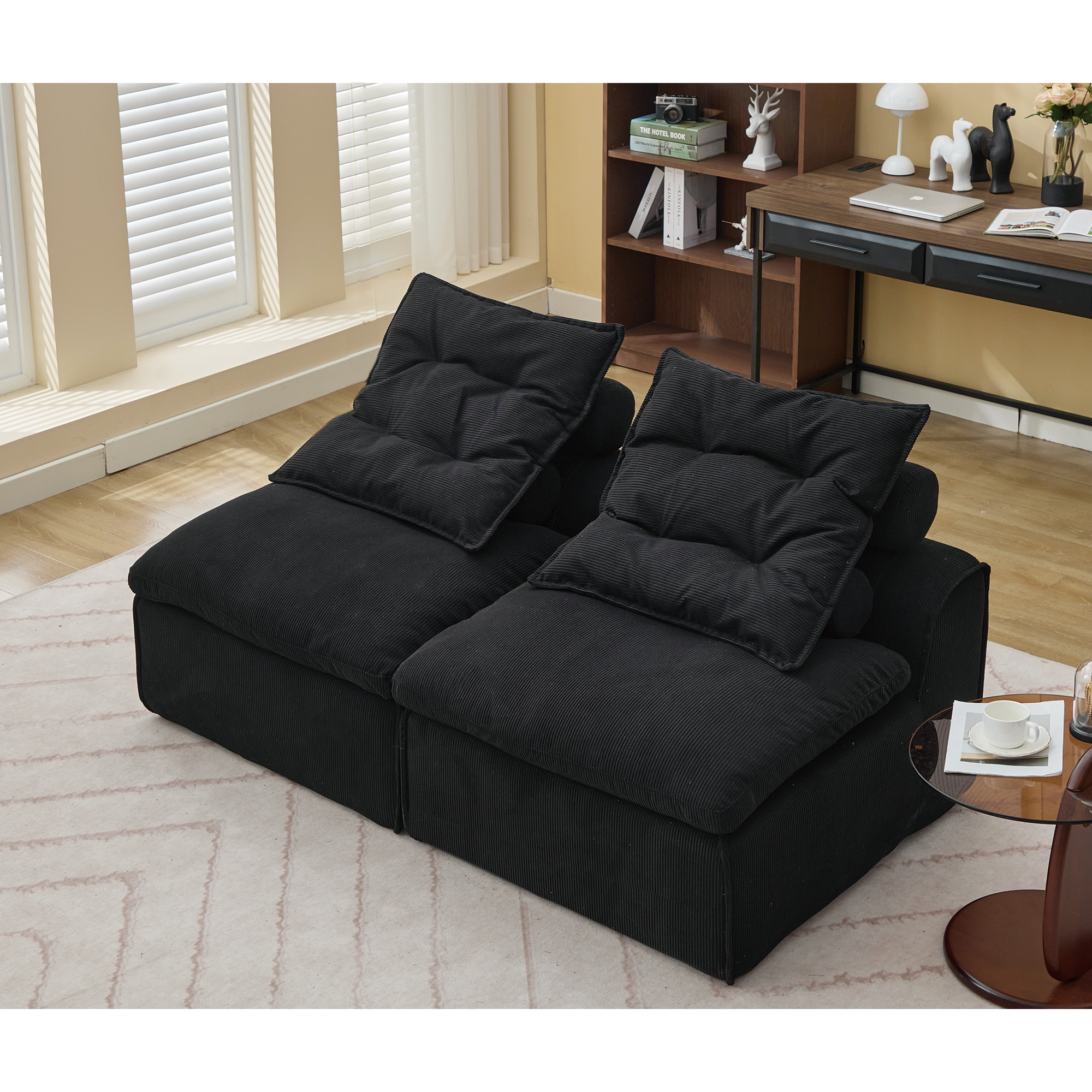 [NEW ARRIVED] [VIDEO PROVIDED]Modular Sofa,No Armrests,At will DIY,Soft Corduroy Fabric,Neck Pillow-Back Lounge Sofa Chair,Reading Nook, or Apartment Living, Lumbar Pillow,2 Seats,Upholstered,Black