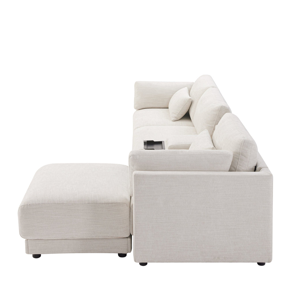 [VIDEO+NEW]124'' Modular Sectional Sofa with Storage Console and Movable Ottoman,33'' Wide Seat,4 Seat L Shaped Chenille Couch,Reversible Comfy Sofa with USB Charger for Living Room,Apartment,2 Colors