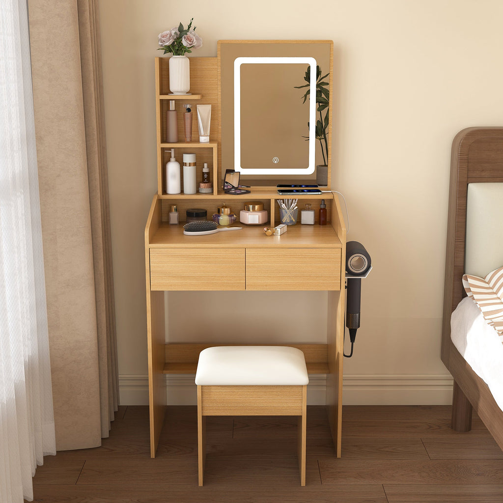 Modern Wood Vanity Table with LED Mirror, Power Outlet, Hairdryer Holder & Padded Stool – Compact Dressing Desk for Small Bedrooms