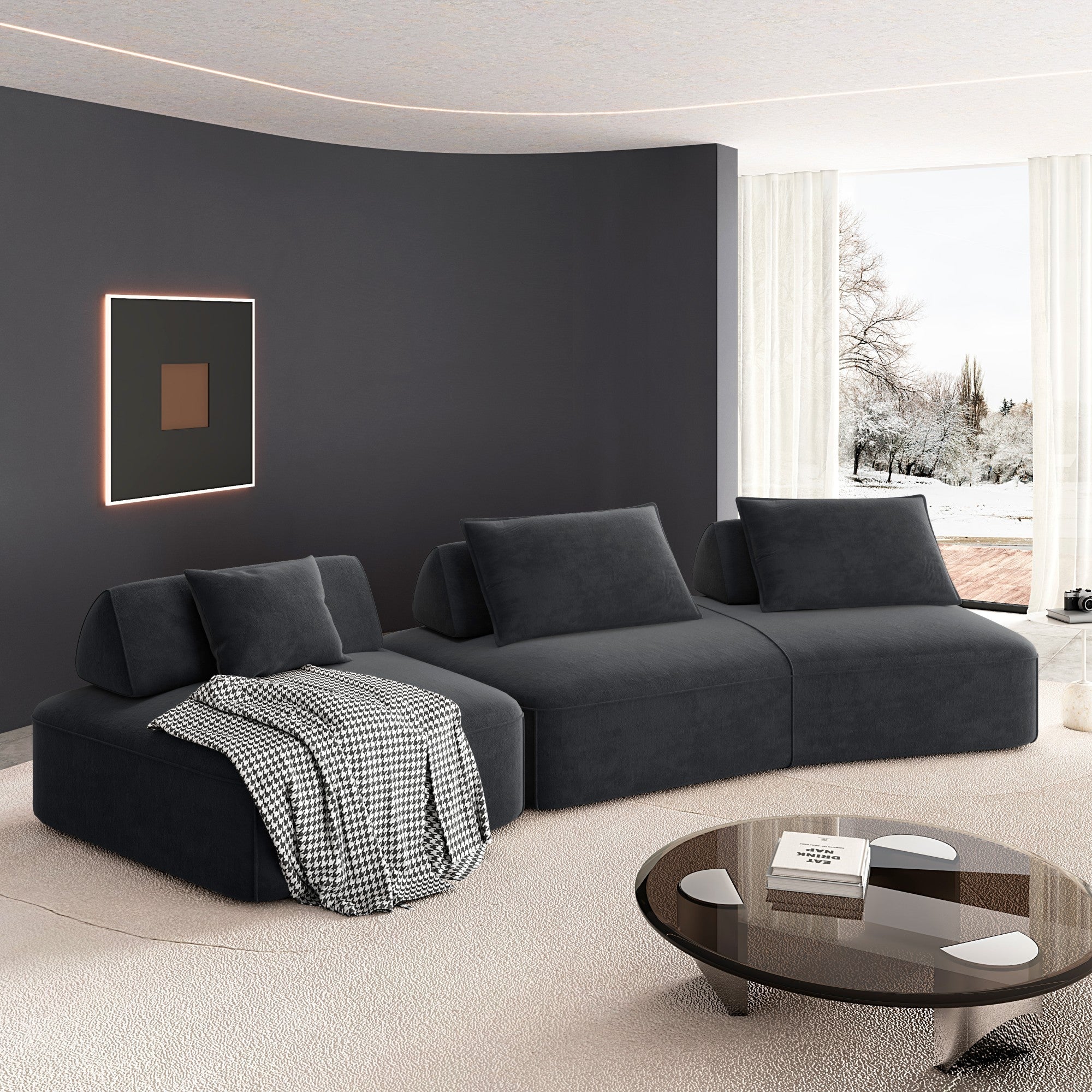 139' Modern Light Luxury Oversized Modular Sectional Sofa Set,DIY Upholstered Fluffy Chenille Sofa with Removable Backrests and Soft Pillows,Deep Seat Couch & Sofa Bed for Living Room,Office,Dark Grey