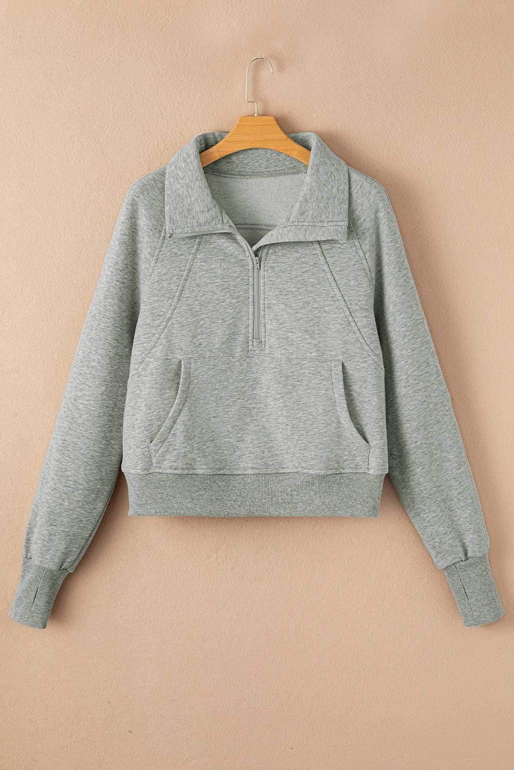 Green Zip Stand Collar Ribbed Thumbhole Sleeve Sweatshirt