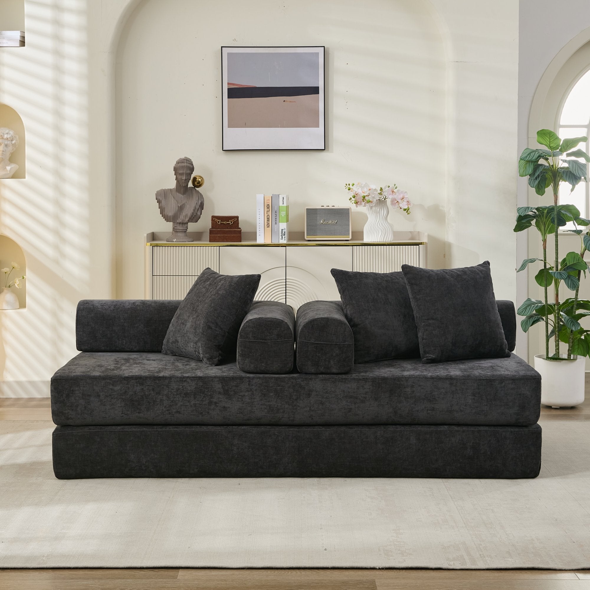 Comfy Convertible Folding Mattress Couch, Floor Sofa Bed, Chenille Floor Sofa with Armrest, Floor Sofa Lounge Couch for Living Room Bedroom Lounge Studio-Black