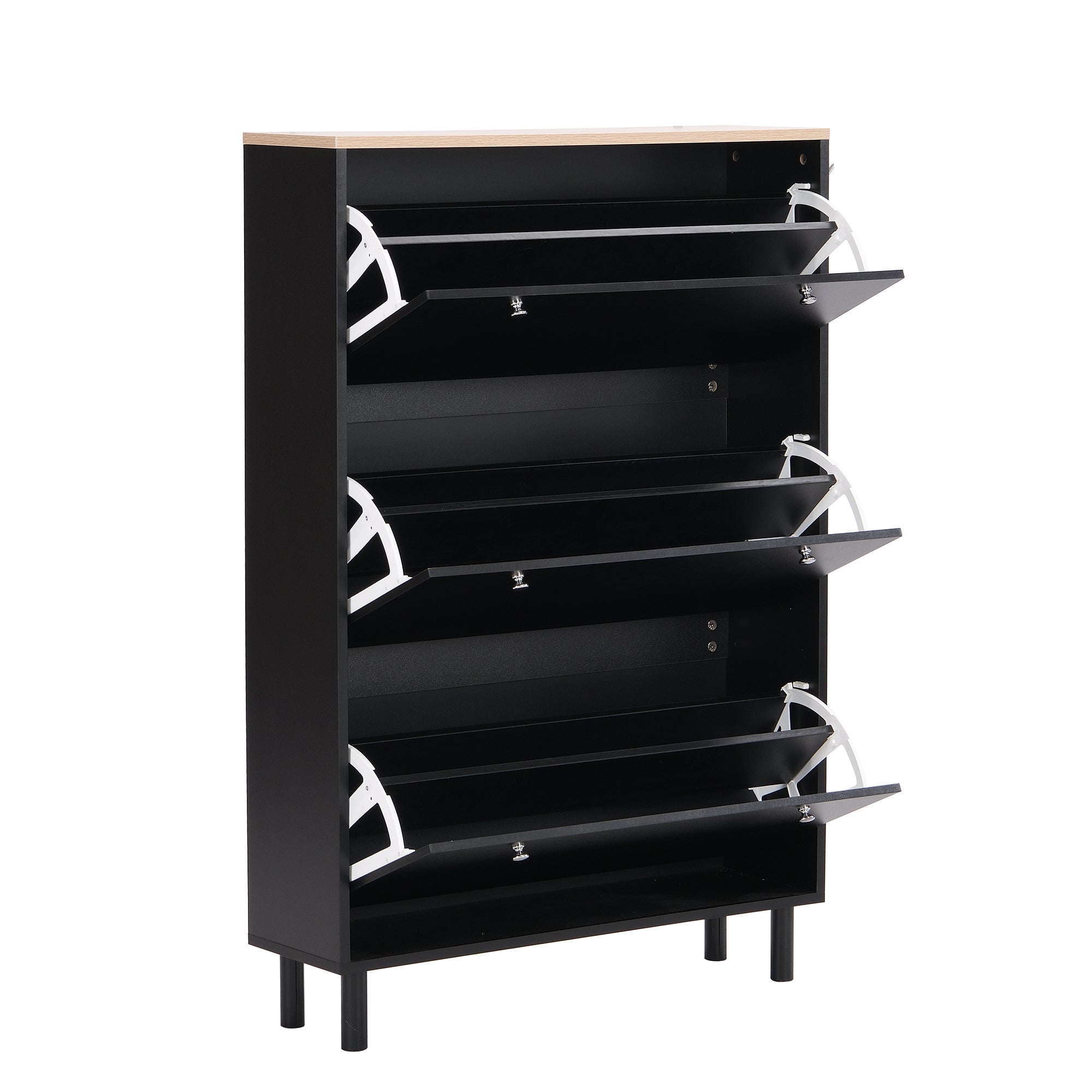 ON-TREND Narrow Design Tipping Bucket Shoe Cabinet with 3 Flip Drawers, Wood Grain Pattern Top Entryway Organizer with 3 Hooks, Free Standing Shoe Rack with Adjustable Panel for Hallway, Black