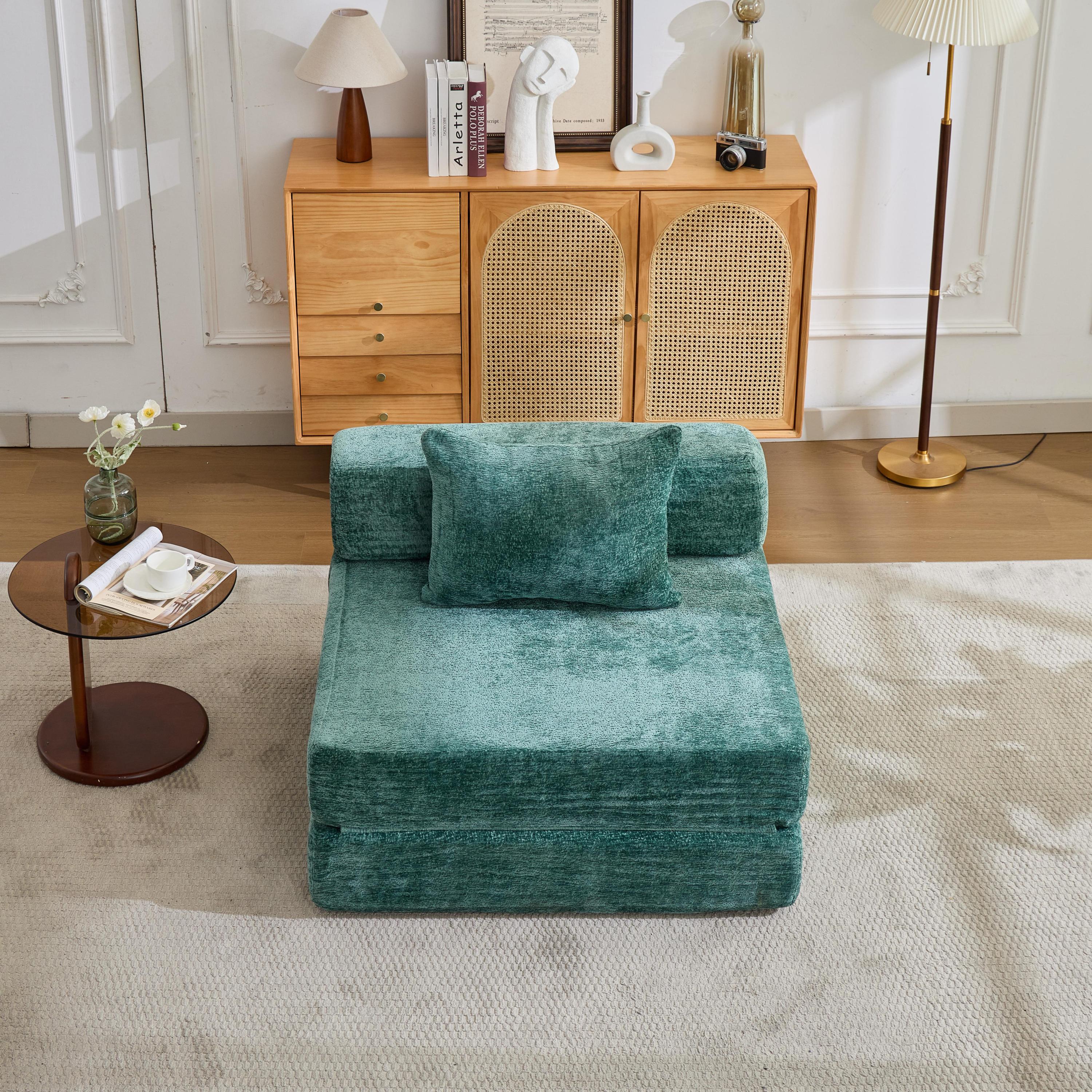 Compression Sofa,Convertible Floor Sofa Bed with Fixed-Shape Frame,Single Seater Boneless Modular Sectional Sofa,No Assembly Required,Chenille fabric,for Living Room Bedroom,Dark Green