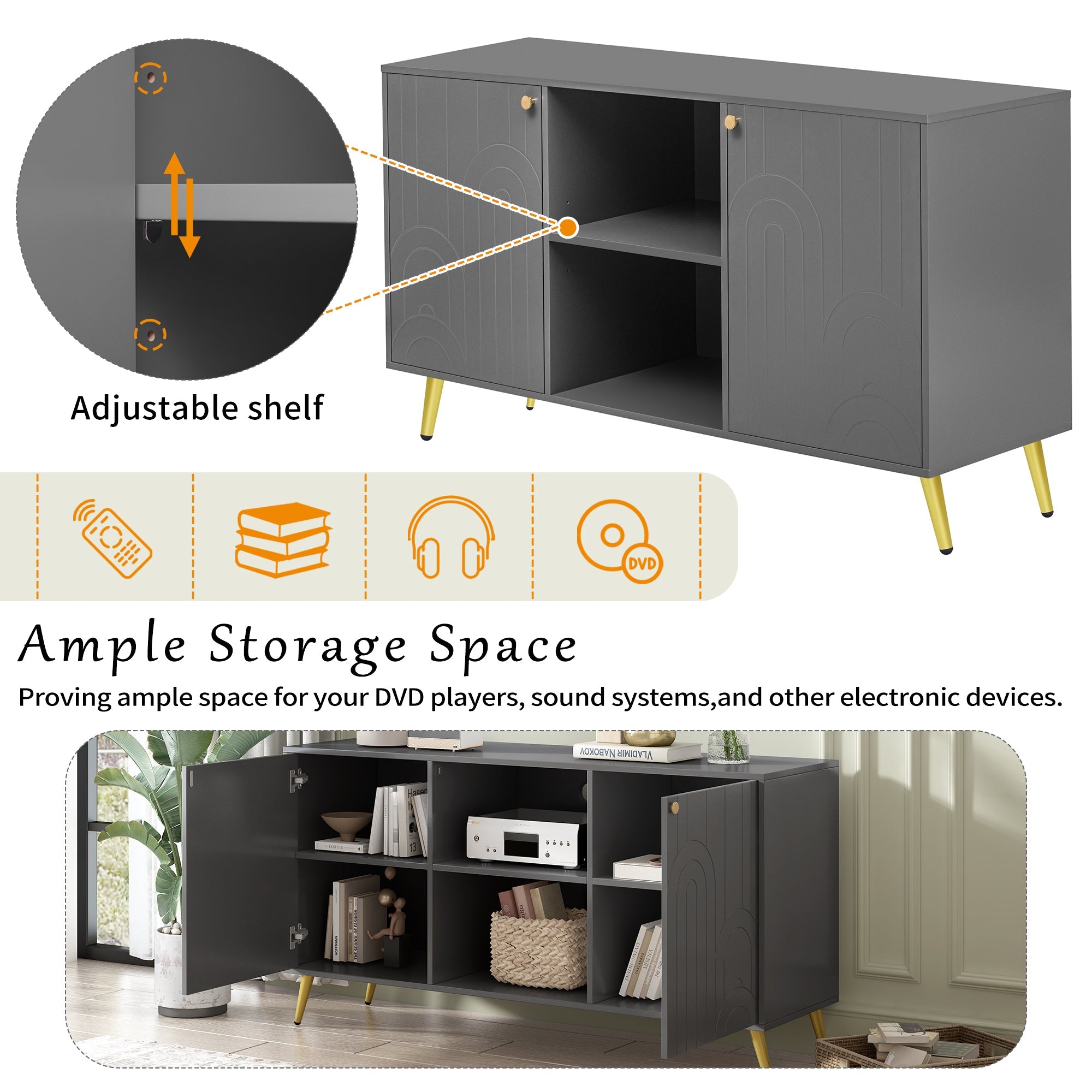 U-Can Modern TV Stand for TVs up to 55 Inches, Entertainment Center Media Console,Adjustable Shelf, Metal Legs, Handles and Anti-tip Device for Living room