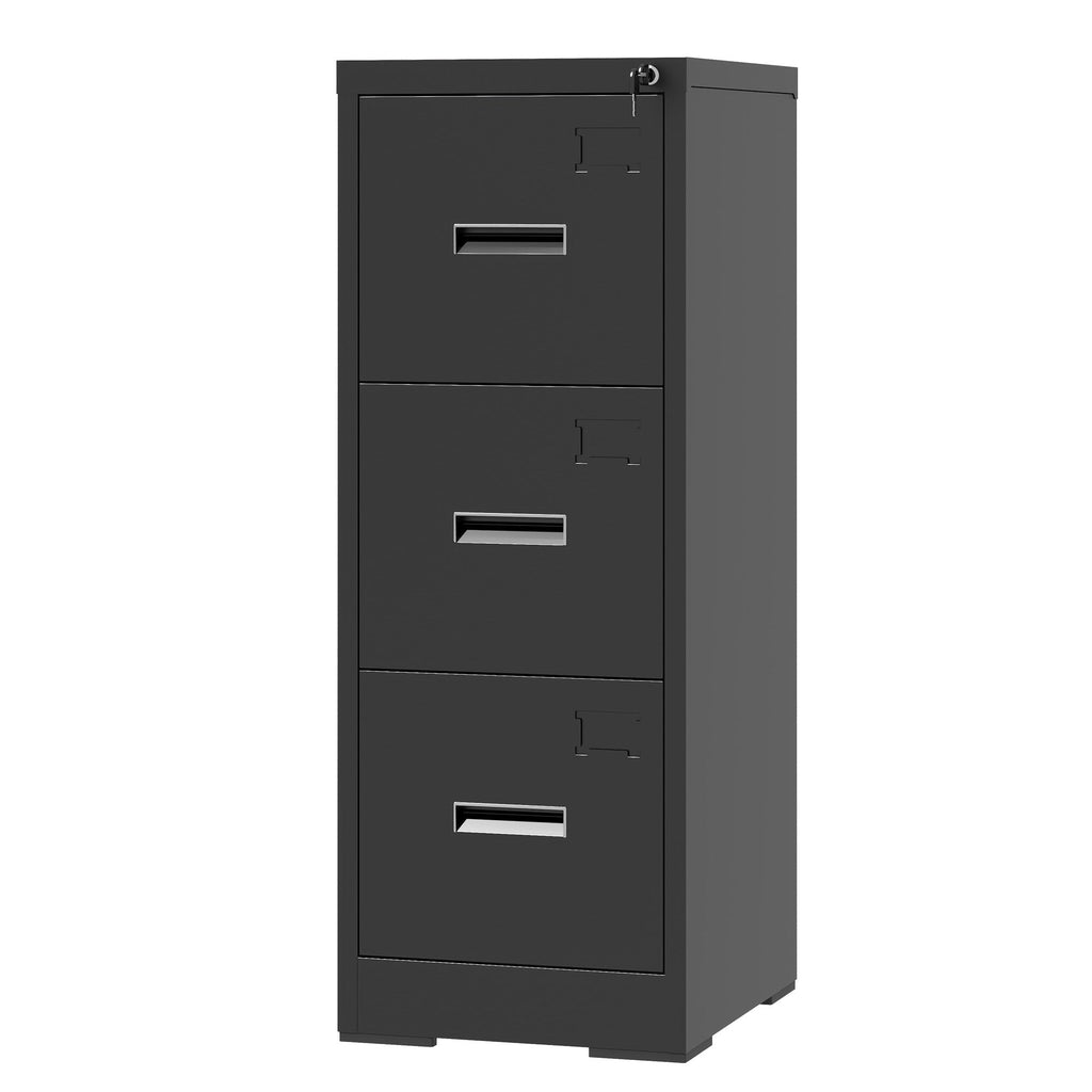 Metal Vertical File Cabinet with Lock and Card Slot for A4 Legal/Letter Size, Black, Durable Steel, 40.4H x 17.7W x 15.2L inches