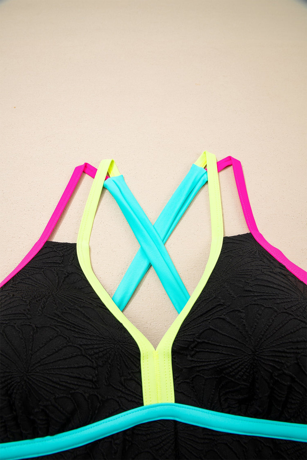 Floral Textured Neon Trim Crisscross Tankini Set