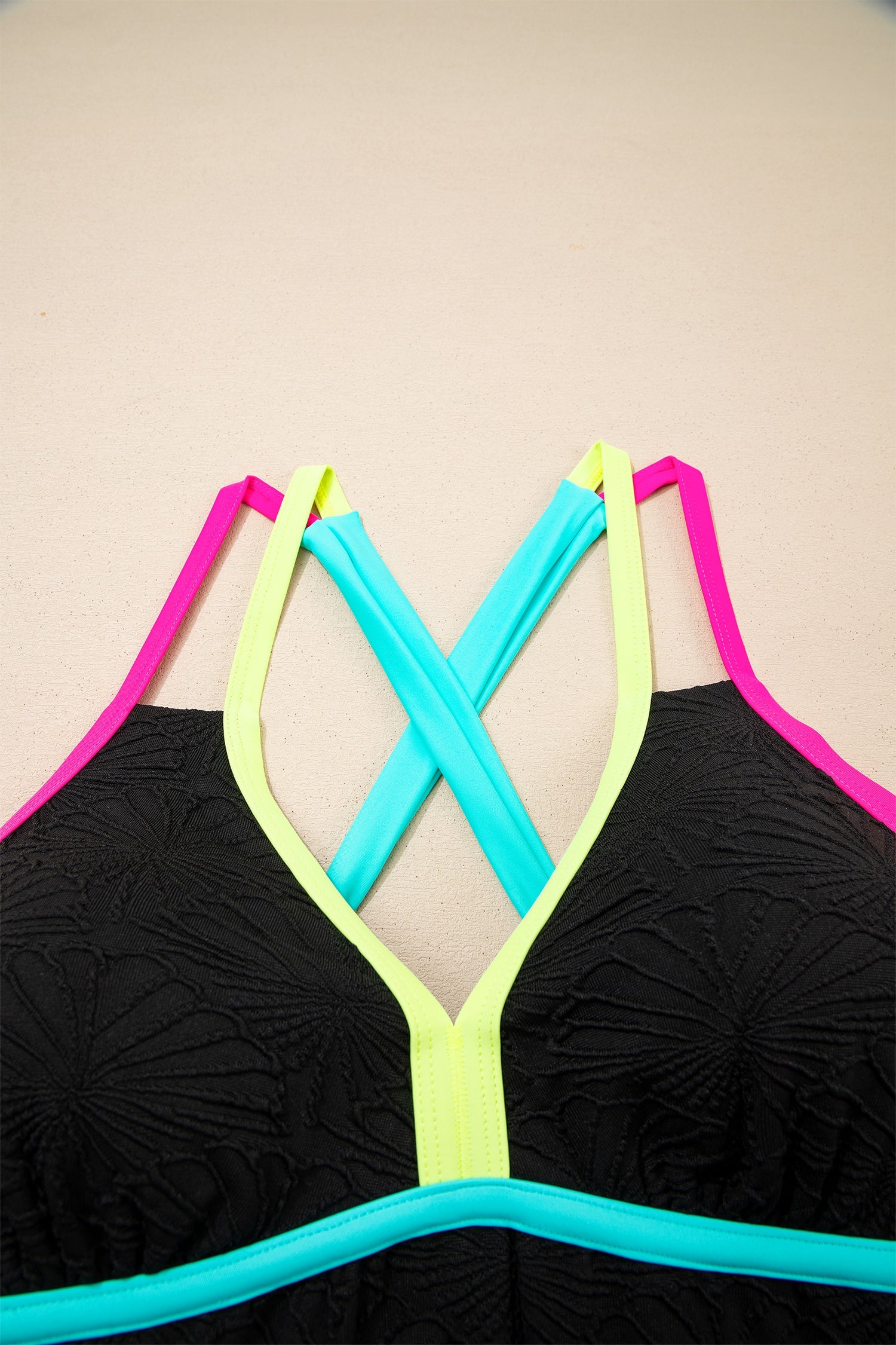 Floral Textured Neon Trim Crisscross Tankini Set