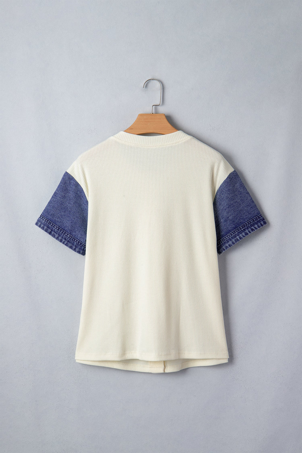 Denim Ribbed Patchwork Short Sleeve Buttoned Shirt