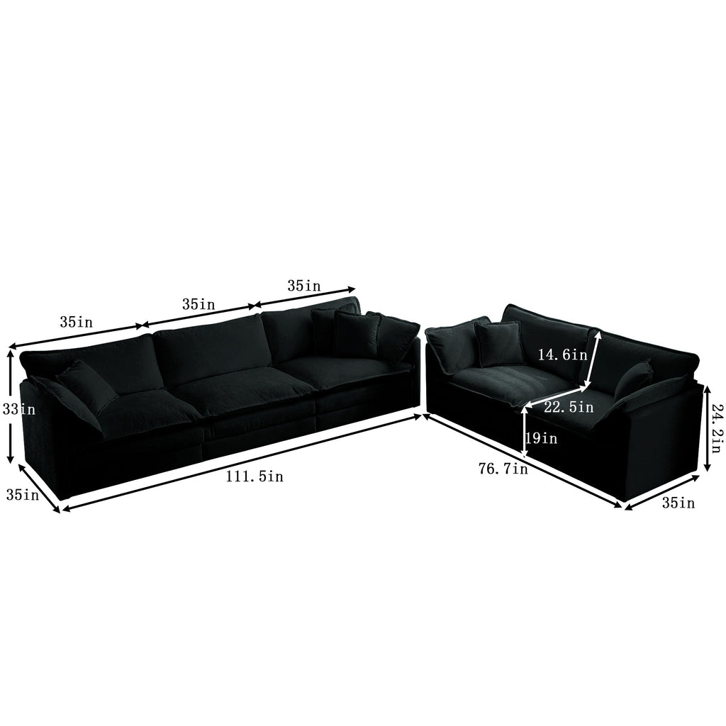 Sofa Set of 2 Chenille Couch, 2+3 Seater Sofa Set Deep Seat Sofa, Modern Sofa Set for Living Room, Black Chenille