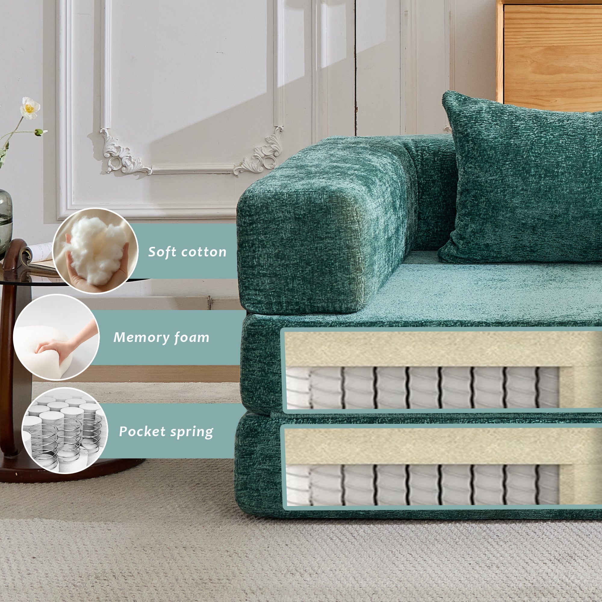 Compression Sofa,Convertible Floor Sofa Bed with Fixed-Shape Frame, Boneless Modular Sectional Sofa,No Assembly Required,Chenille fabric,for Living Room Bedroom,Dark Green