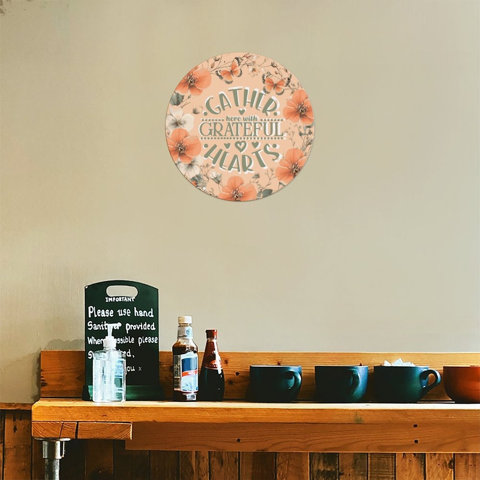 Gather Here with Grateful Hearts Orange Floral Round Aluminum Plaque (Made in USA)