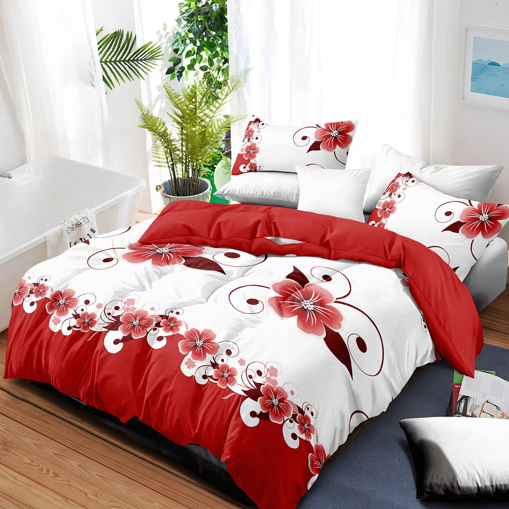 Red White Floral Duvet Cover & Curtain Set 9 Piece, Queen Size - Coordinated Bedding Bundle with Sheer Grommet Drapes, 2 Pillowcases & Matching Curtains, Machine Washable