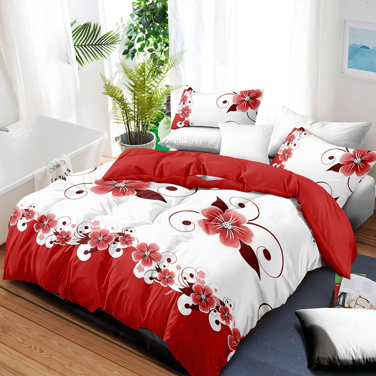 Red White Floral Duvet Cover & Curtain Set 9 Piece, Queen Size - Coordinated Bedding Bundle with Sheer Grommet Drapes, 2 Pillowcases & Matching Curtains, Machine Washable