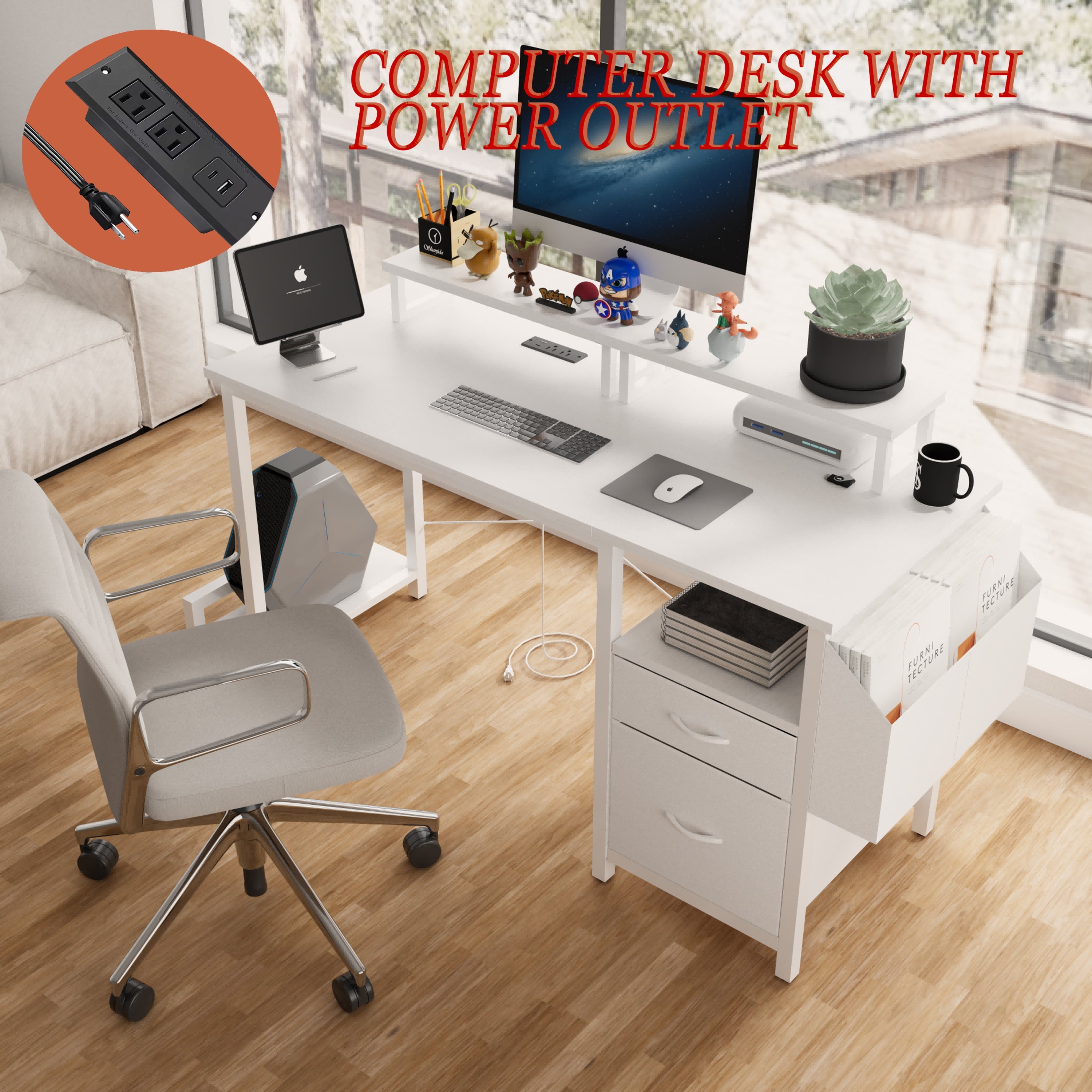 47.3'office desk with power outlet,2 Monitor Stands,2 drawers,Side Pocket,Easy to Assemble,Frame stability Reversible,use for home desk, computer desk, game table,White