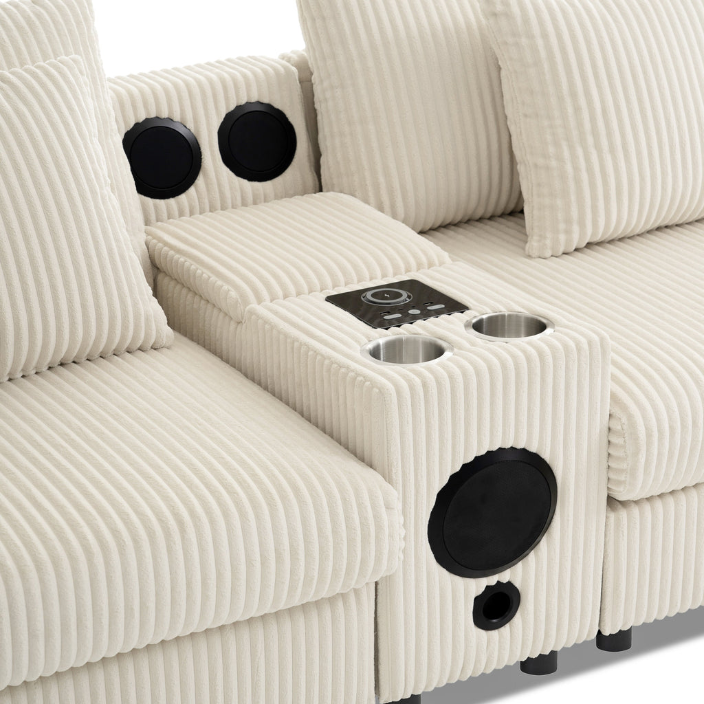 Modular Corduroy Sectional Sofa with Bluetooth Speakers, USB Charger, Cup Holders, Storage, Ottoman, 114*64'' Cream