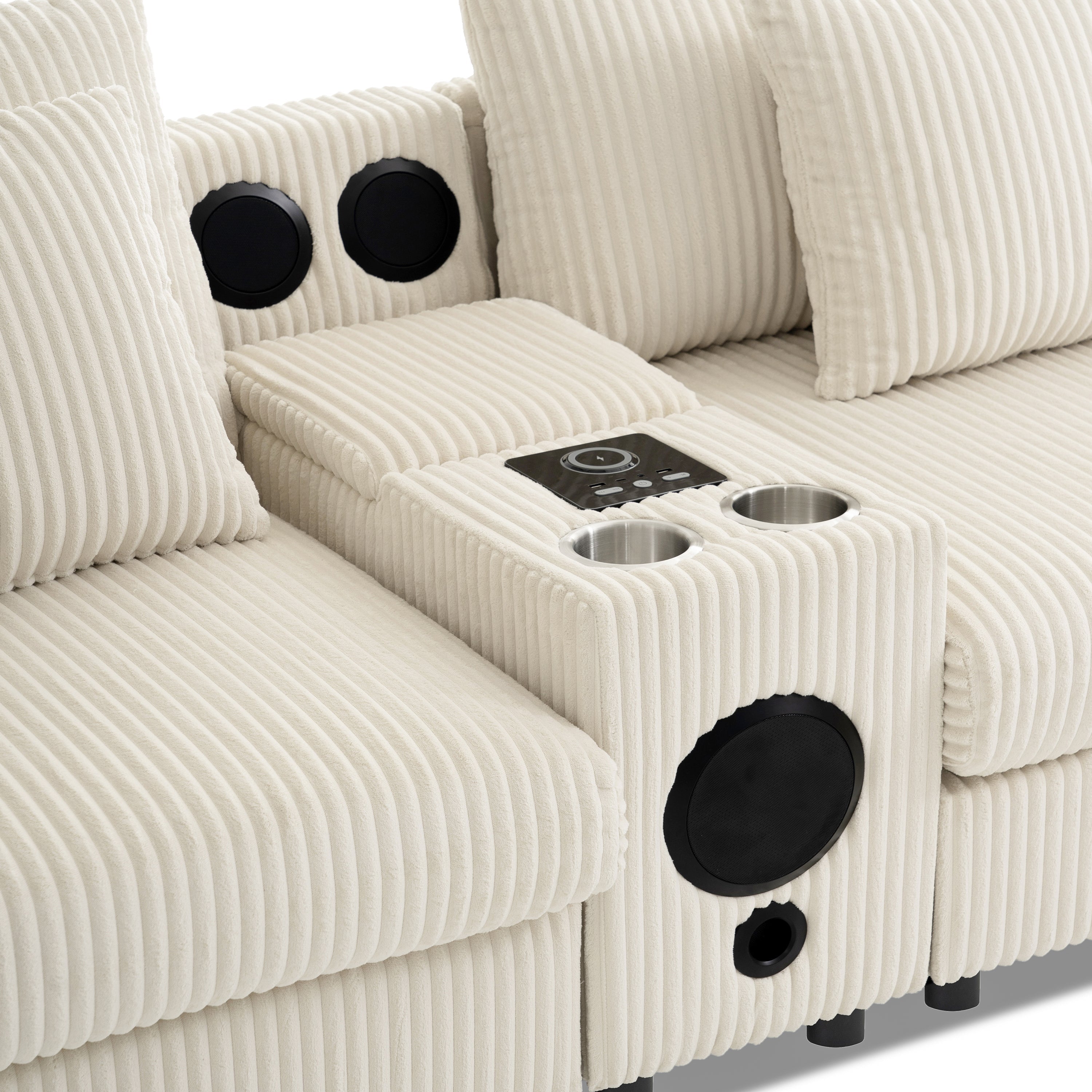 Modular Corduroy Sectional Sofa with Bluetooth Speakers, USB Charger, Cup Holders, Storage, Ottoman, 114*64'' Cream