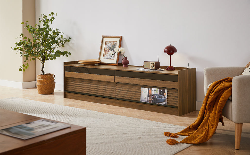 Mirod Modern TV Stand with Ample Storage,4 Drawer Design with Tempered Glass ,Built-in Charging Ports and Ambient LED Lighting ,Versatile for Any Decor Style